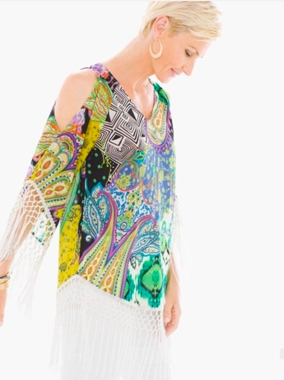 Chico's Cold-Shoulder Paisley Fringe Tunic Top Multi Green